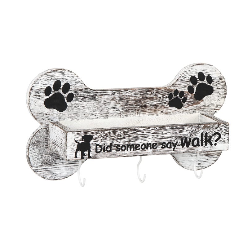 J JACKCUBE DESIGN Rustic White Bone Shape Wall Mounted Dog Leash Holder with 3 Key Holder Hooks and Extra Storage Compartment Box Shelf for Pet Treats, Accessories and more - MK679A - Image 1